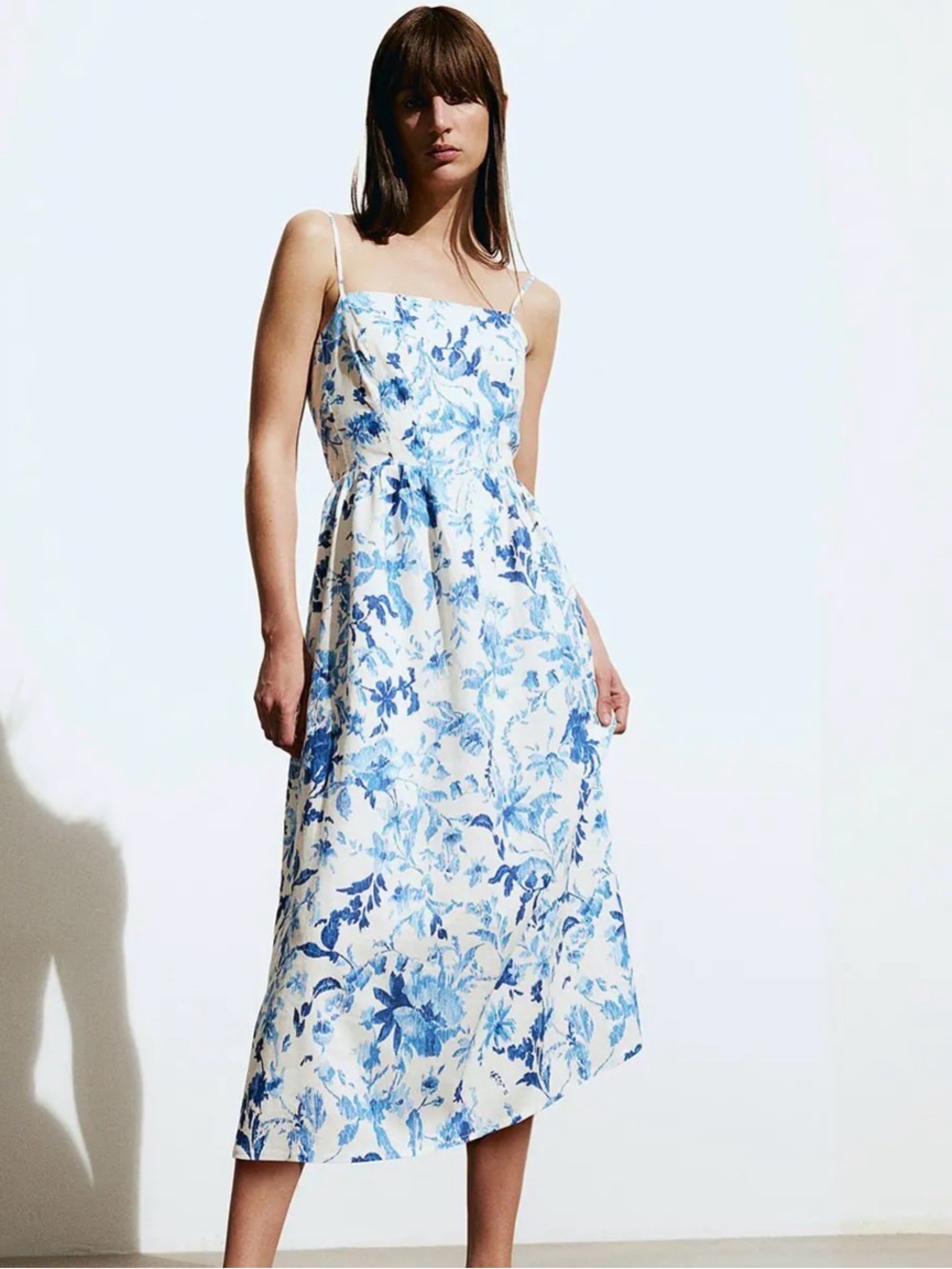 H&M White Midi Dress with Blue Floral Print